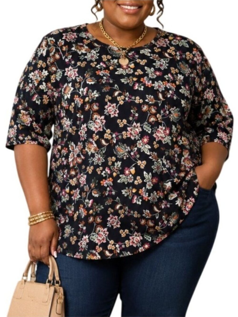 Kim Rogers Plus Size 2X Top Floral Print 3/4 Length Sleeves Navy Multicolor